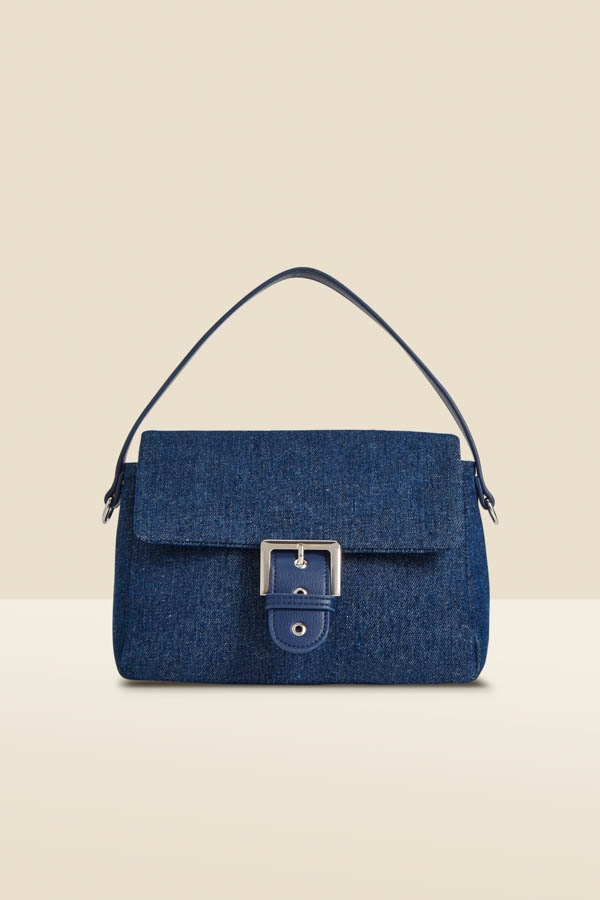 Indigo Blue Denim Buckle Detail Shoulder Bag