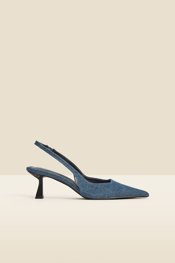 Indigo Blue Denim Kitten Heel Slingback Court Shoes