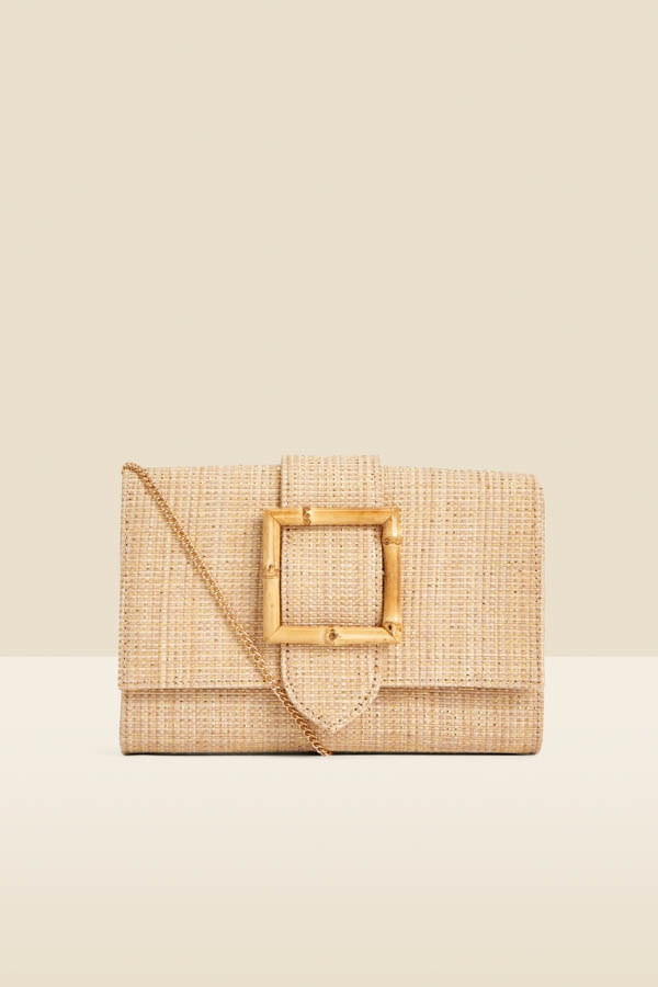 Natural Raffia Bamboo Clasp Detail Clutch Bag