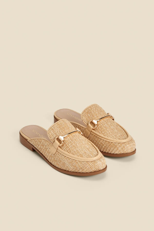 Natural Raffia Gold Trim Mule Loafers