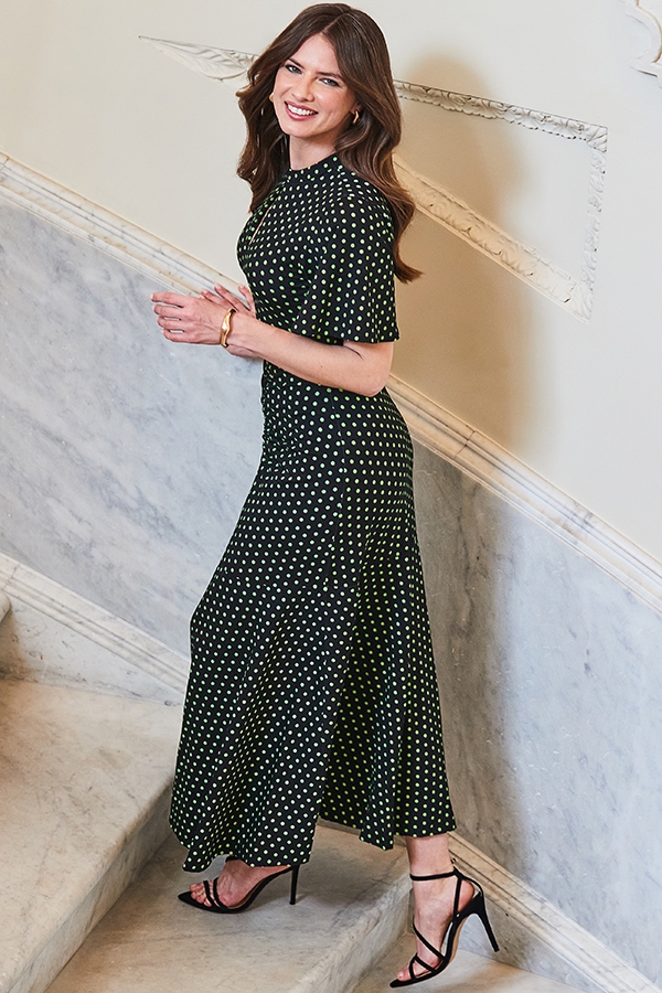 Black & Green Spot Print Keyhole Detail Jersey Dress