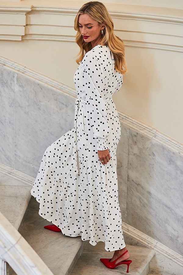 Ivory & Black Spot Print Tiered Hem Belted Dress