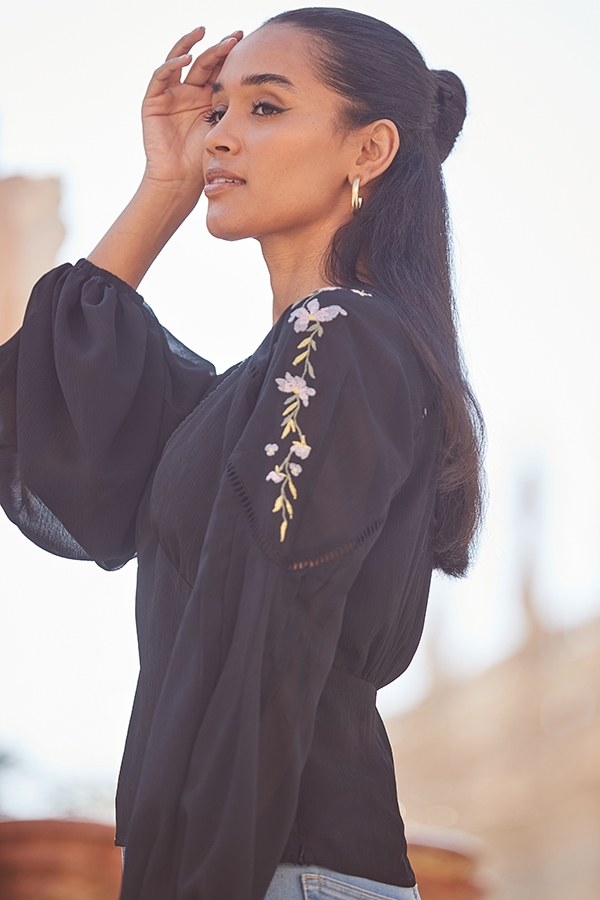 Black Premium Embroidered Shoulder Blouse