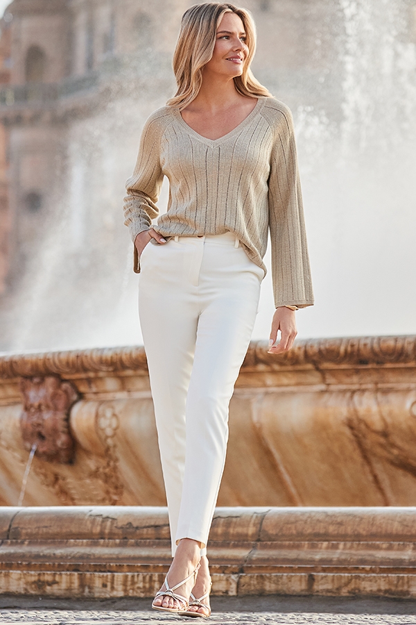 Gold Sparkle Metallic Pointelle Stitch Fluted Sleeve Jumper