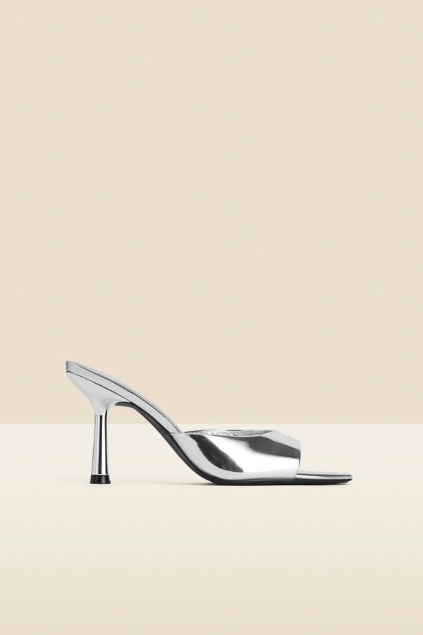 Silver Leather Flared Heel Pointed Toe Mules