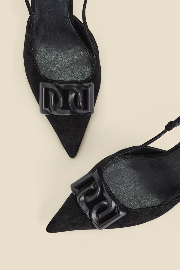 Black Suede Stiletto Heel Trim Detail Slingback Court Shoe