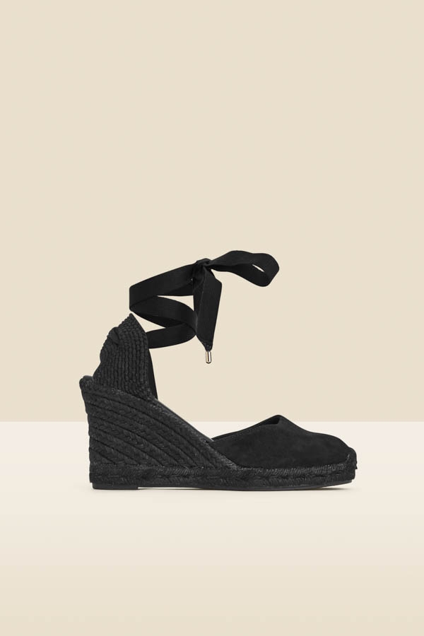 Black Suede Wedge Espadrille With Gold Trim