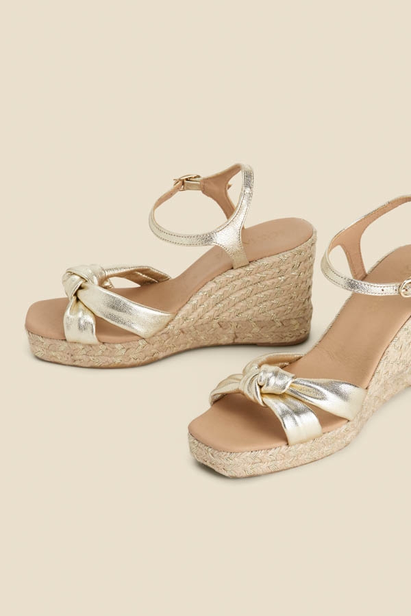 Gold Leather Knot Detail Wedge Espadrilles