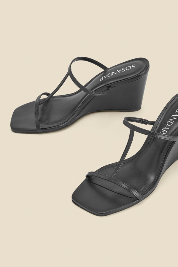 Black Leather Square Toe Strappy Wedged Mules