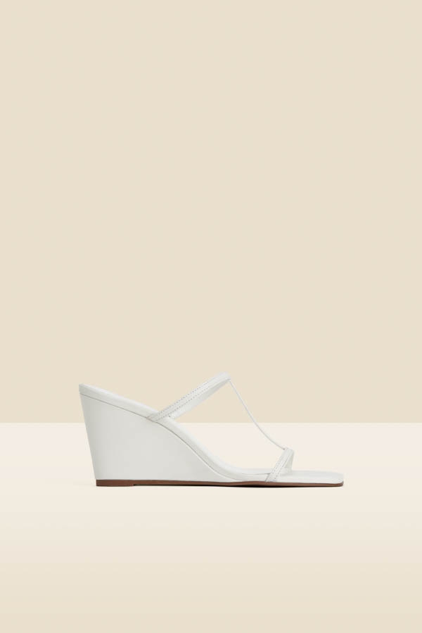 White Leather Square Toe Strappy Wedged Mules