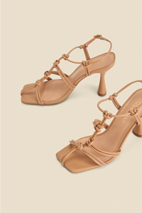 Tan Leather Knot Detail Flared Heel Sandals