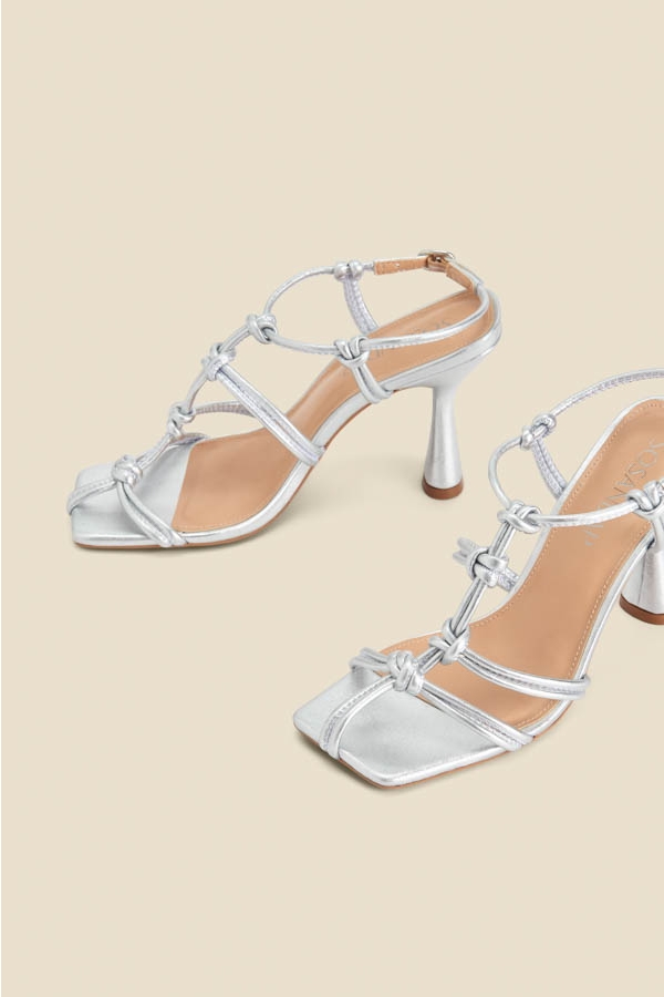 Silver Leather Knot Detail Flared Heel Sandals