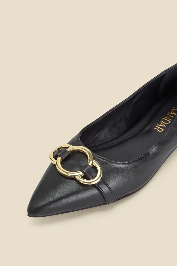 Black Leather Pointed Toe Flat Shoe With Gold Trim