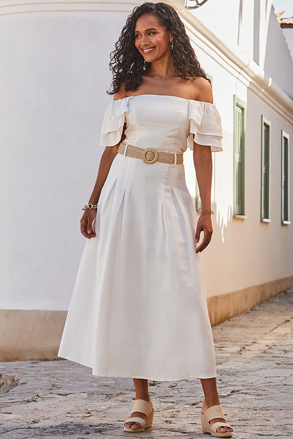 Ivory Linen Blend Midi Skirt With Raffia Belt