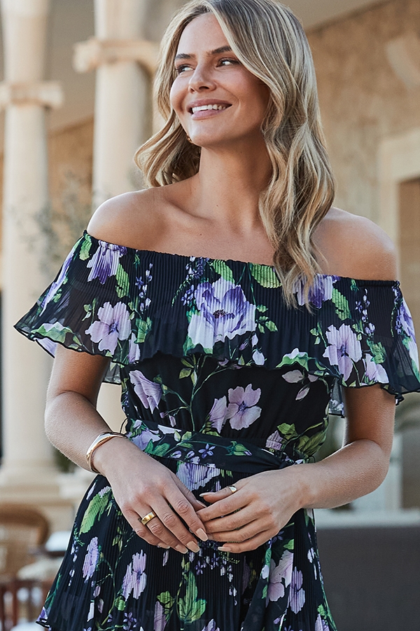 Black Floral Print Pleated Detail Bardot Dress