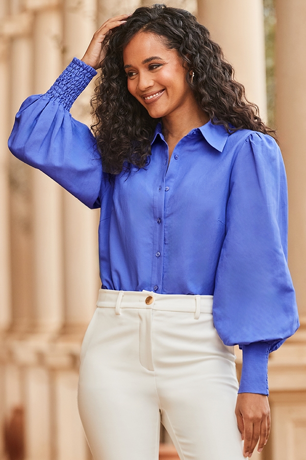 Purple Linen Blend Blouson Sleeve Shirt