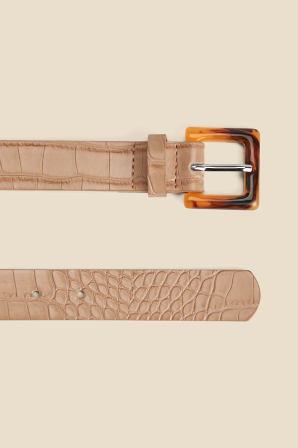 Taupe Croc Belt With Tortoiseshell Buckle