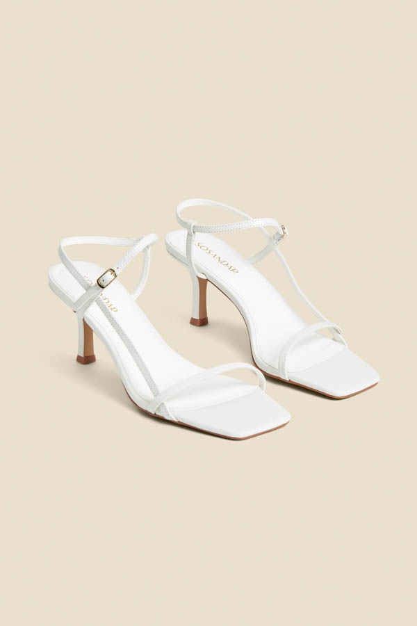 White Leather Mid Heel Square Toe Sandals