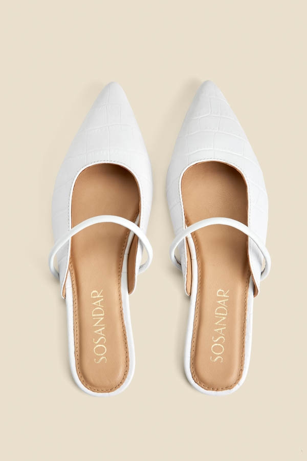 White Croc Leather Pointed Toe Strap Detail Flat Mules