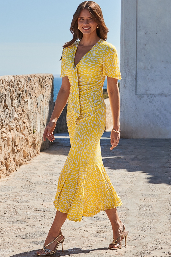 Yellow Spot Print Ruched Front Frill Hem Midaxi Dress