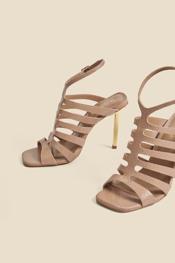 Taupe Leather Gladiator Square Toe Strap Sandals