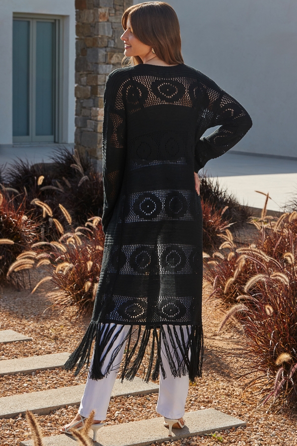 Black Crochet Tassel Detail Maxi Cardigan