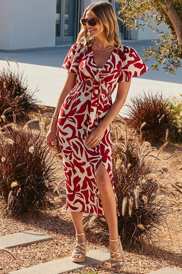 Red Floral Print Angel Sleeve Midi Dress