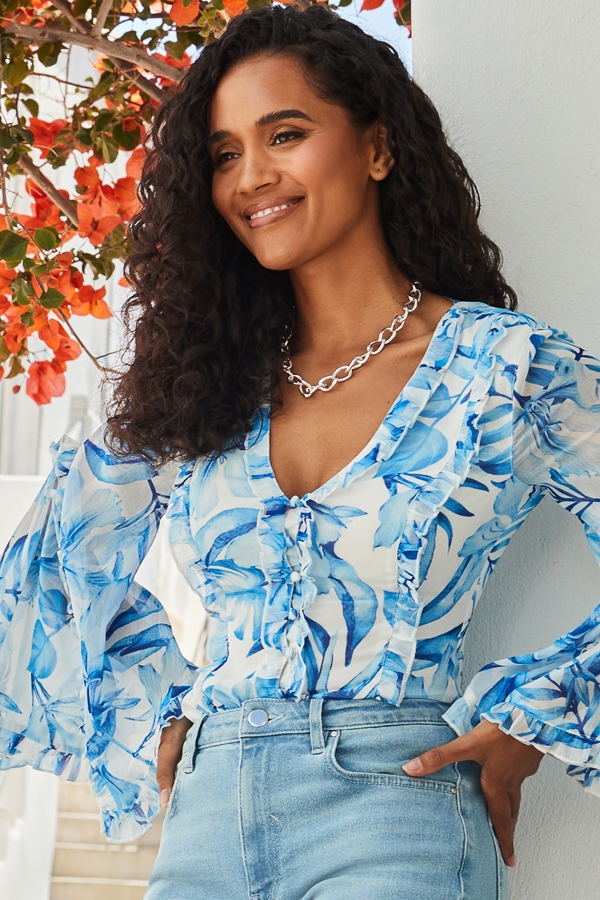 Blue Floral Print Ruffle Detail Blouse
