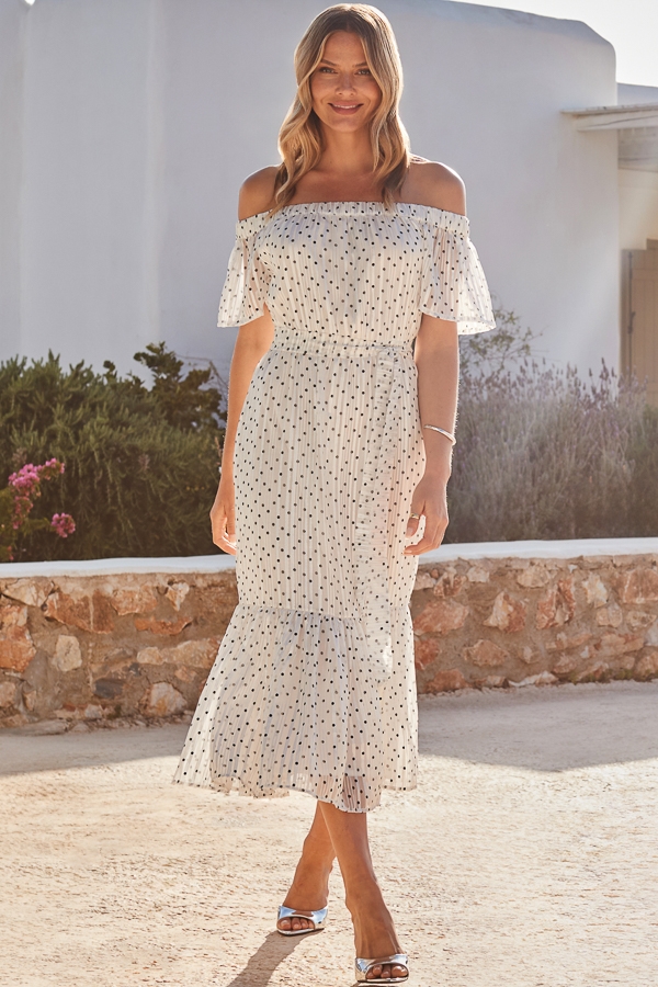 White & Black Spot Print Bardot Tiered Maxi Dress