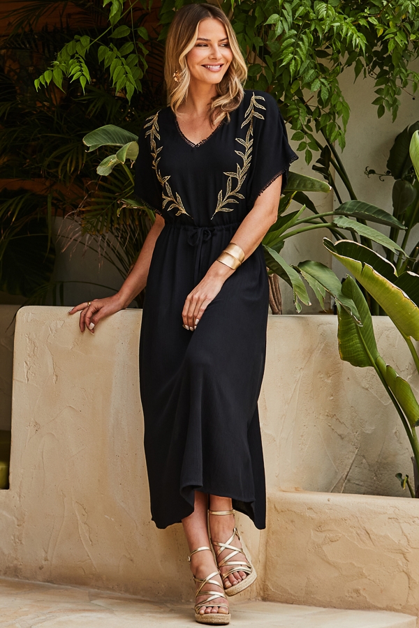 Black & Gold Embroidered Detail Maxi Dress