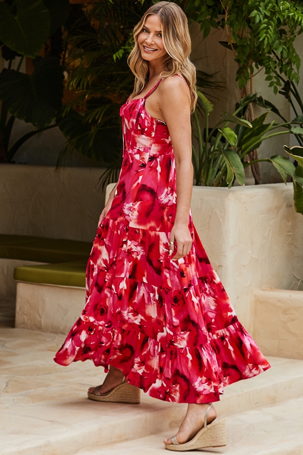 Pink Floral Print Corset Detail Maxi Dress