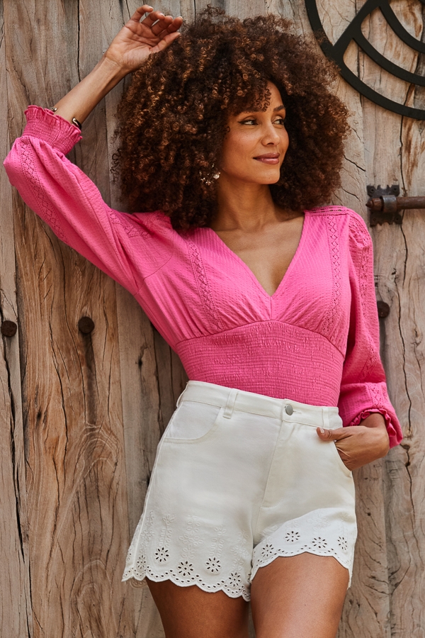 Hot Pink Shirred Detail Cotton Top
