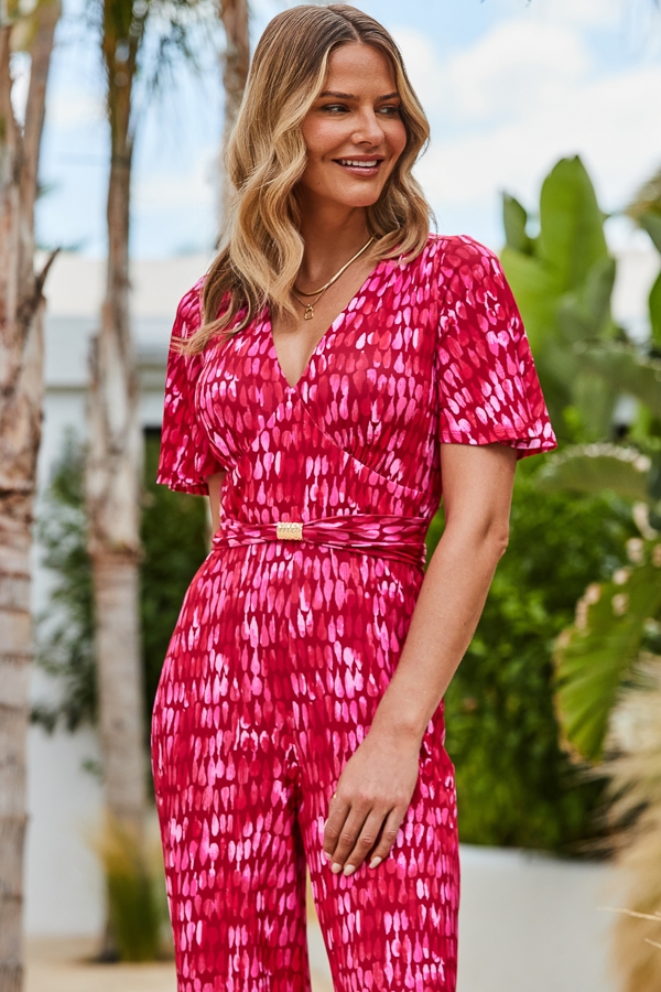 Pink Angel Sleeve Belt Detail Wide Leg Jumpsuit