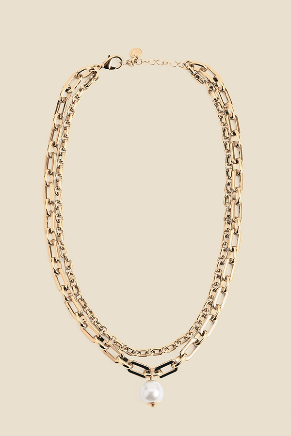 Gold Pearl Drop Double Layer Necklace
