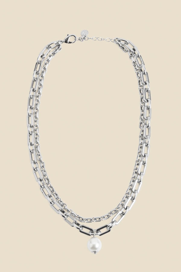 Silver Pearl Drop Double Layer Necklace
