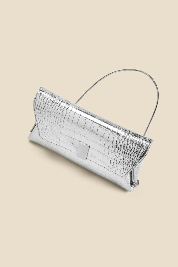 Silver Metallic Croc Clutch Bag With Clasp