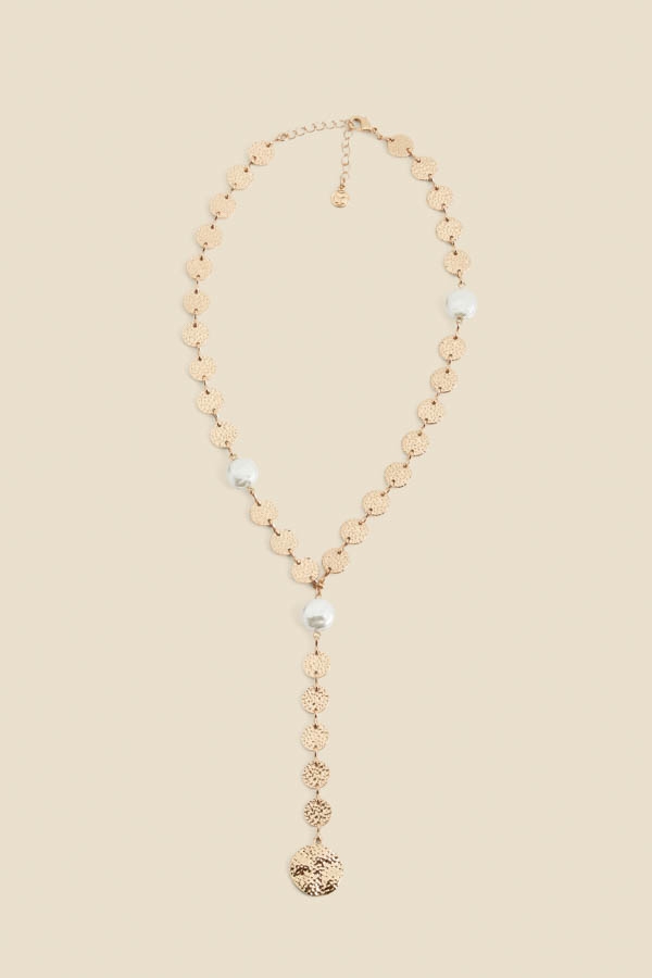 Gold Hammered Pearl Plunge Necklace