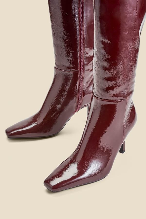 Burgundy Leather Square Toe Mid Heel Knee High Boots