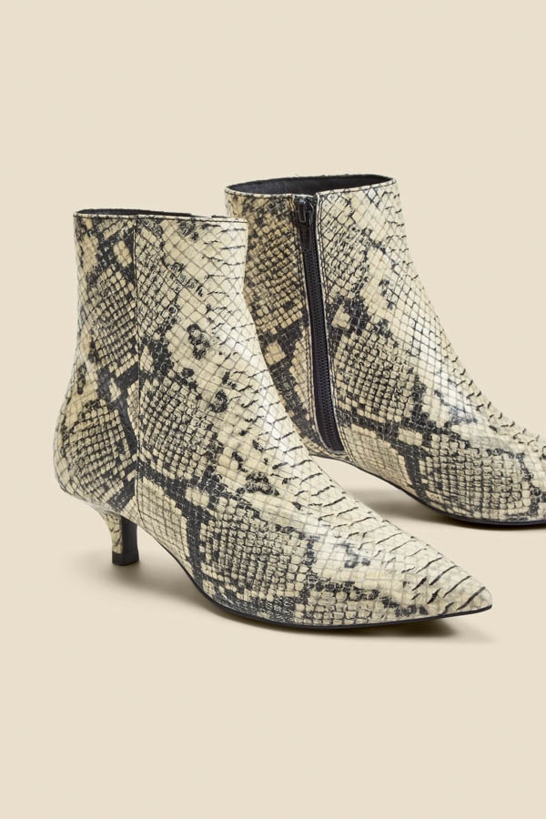 Snake Print Leather Kitten Heel Ankle Boots