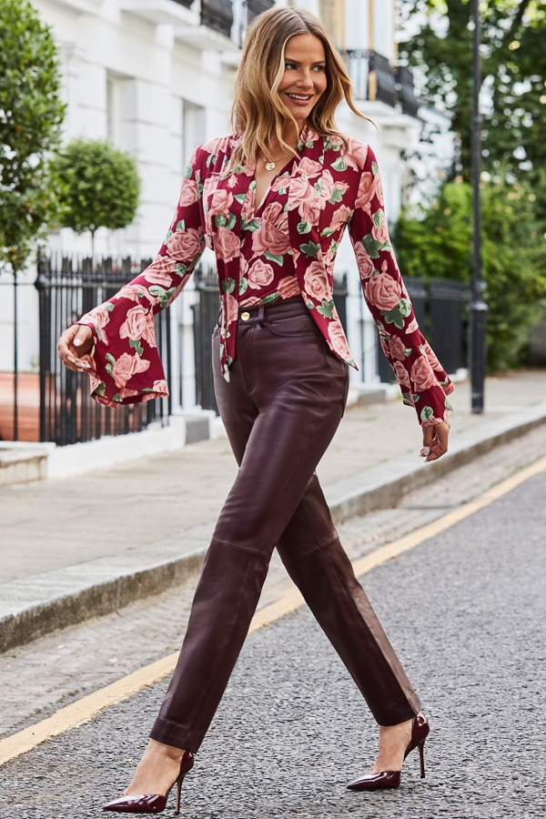 Wine Leather Straight Leg Trousers