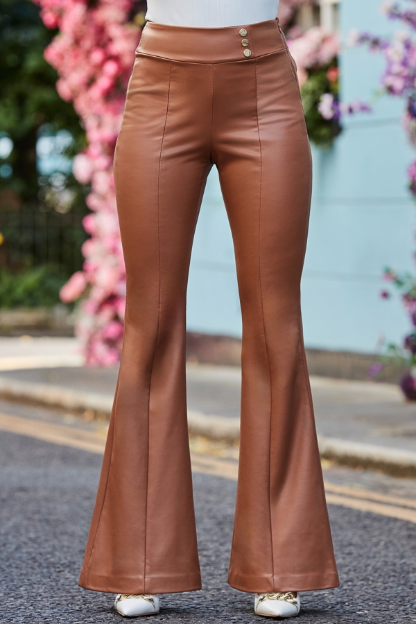 Tan Button Detail Flared Faux Leather Trousers
