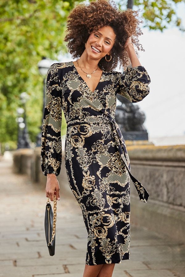 Black & Gold Baroque Print Faux Wrap Dress