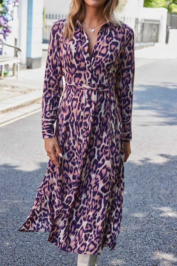 Purple Animal Print Belted Shirt Dress