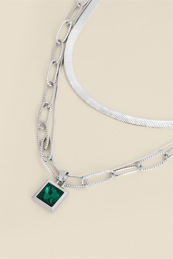 Silver Triple Layer Green Stone Necklace