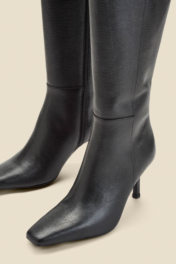 Black Leather Square Toe Knee High Boot