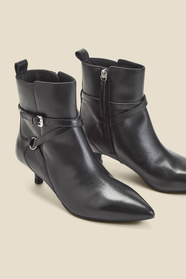 Black Leather Kitten Heel Ankle Boots With Buckle Detail