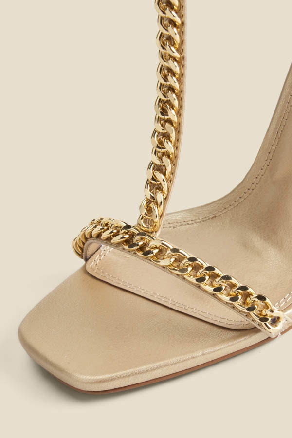 Gold Chain Detail Square Toe Stiletto Heel Sandals