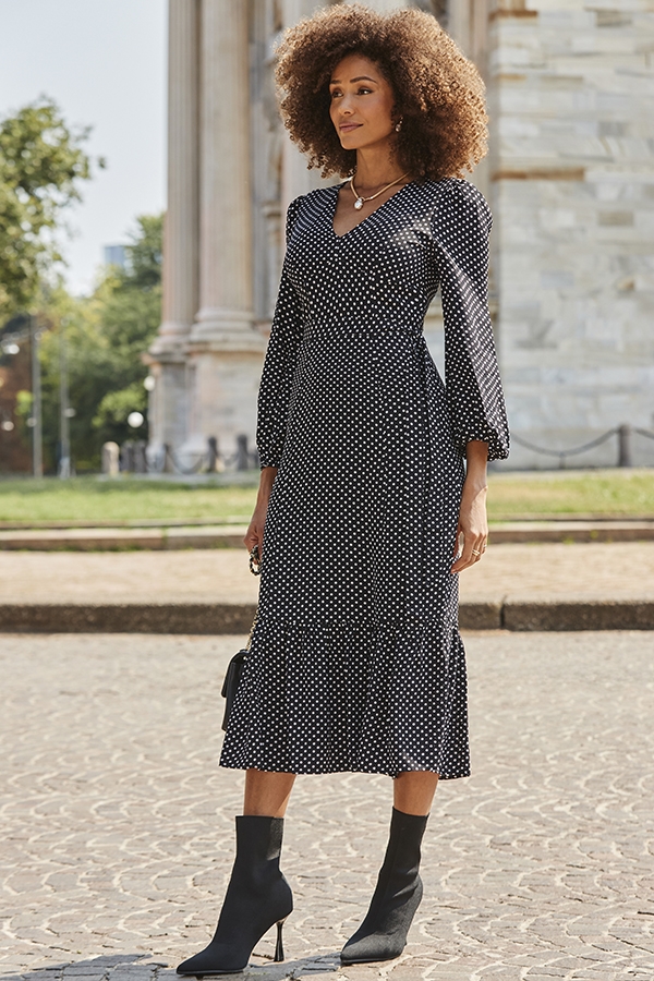 Black Spot Print Belted Midi Dress