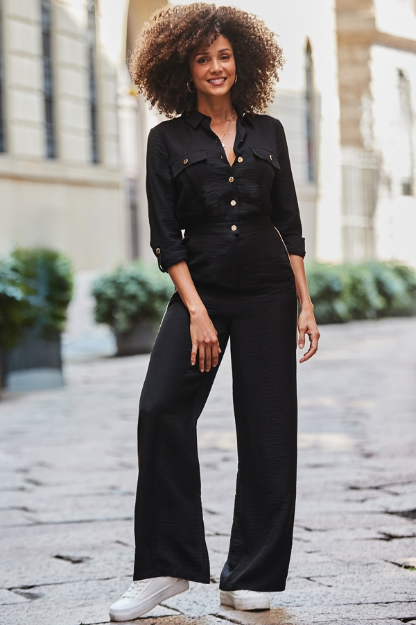 Black & Camel Side Stripe Button Front Jumpsuit