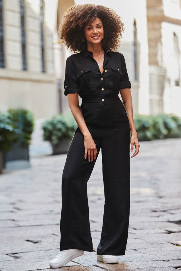 Petite Black & Camel Side Stripe Button Front Jumpsuit